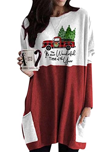 OMZIN Damen Weihnachten Basic T-Shirt Sweatshirt Rundhalsausschnitt Langarm Plus Größe Einfaches Sweatshirt Top Mit Taschen Auto Rot XXL von OMZIN