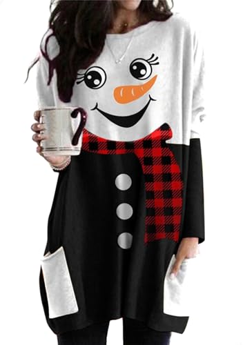 OMZIN Winter Damen Mode Rundhalsausschnitt Sweatshirt Plus Größe Pullover Weihnachten Lose Weihnachten Print Top Schneemann Schwarz M von OMZIN