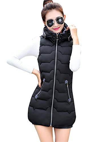 OMZIN Damen Herbst und Winter Sleeveless Abnehmbare Kapuze Gefutterte Baumwollweste Weste Reißverschluss Schwarz M von OMZIN