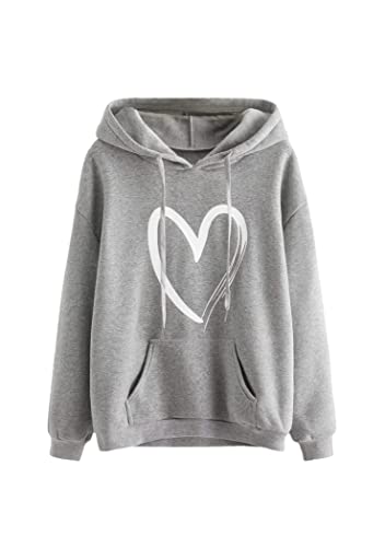 OMZIN Damen Herz Print Langarm Pullover Hoodie Sweatshirt Lose Weiche Bequeme Casual Tops mit Tasche Hellgrau 2XL von OMZIN