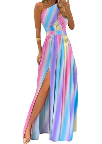 OMZIN Damen High Waist Cocktailkleid Floral Brautjungfer Off The Shoulder Kleid Cutout Side Slit Dress Colourful M von OMZIN