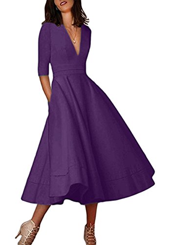 OMZIN Damen Abendkleid Tief V Ausschnitt Partykleid 1/2 Arm Wadenlanges Kleid Violett M von OMZIN