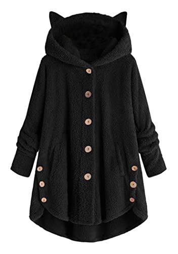 OMZIN Damen Hoodie Kapuzenpullover mit Kapuze Einfarbigen Teddy-Fleece Langarm Oversize Sweatshirt Damen Warm Pulli Baumwoll Schwarz XXL von OMZIN