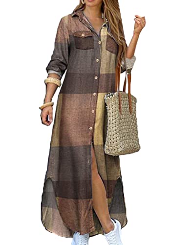 OMZIN Damen Jeanshemd Kleider Langarm Kleid Lässiges Maxikleid Tunika Top Khaki 3XL von OMZIN