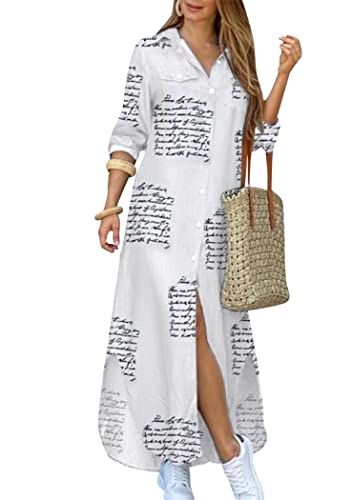 OMZIN Damen Split Shirt Kleid Langarm Button Down Bluse Ausgestelltes Muster Maxikleid Mit Taschen Buchstabe L von OMZIN