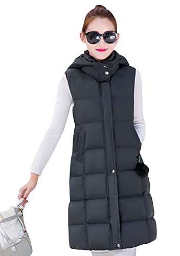 OMZIN Damen Kapuzen Daunenweste Mantel Winter Leichte Lange Schlanke Weste Jacke Tragbare Steppweste Sportweste Bodywarmer Schwarz S von OMZIN