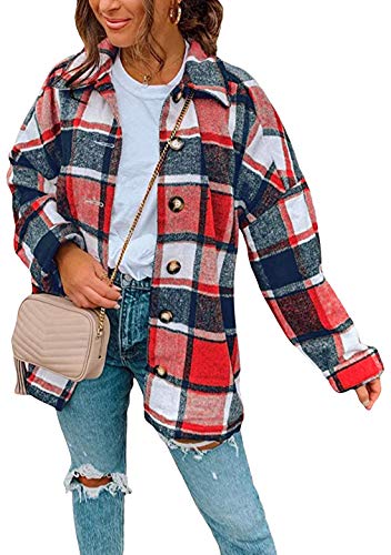 OMZIN Damen Button Down Plainjack Langarm Button Down Kariert Flannel Shirt Damen Kariert Tunika Open Front Jacke Rot M von OMZIN