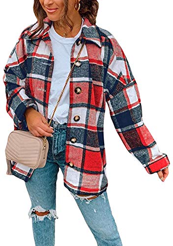 OMZIN Damen Karierte Hemdjacke Jacke Knöpfe Oversized Langarm Holzfällerjacke Kurz Hemdbluse Bluse Hemd Casual Rot M von OMZIN