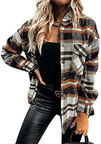 OMZIN Damen Karierte Hemdjacke mit Holzfällerjacke Mantel Button Down Langarm Karohemd Kariertes Hemd Lang Mode Boyfriend Bluse Orange XS von OMZIN