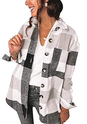 OMZIN Damen Karierte Jacke Knöpfe Kurz Overshirt mit Karomuster Taschen Langarm Leichte Hemd Jacke Boyfreind Herbst Schwarz S von OMZIN