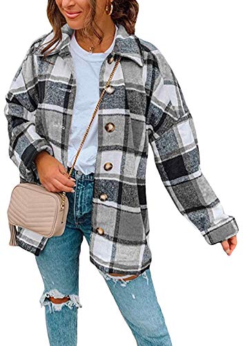 OMZIN Damen Kariertes Hemdjacke Knöpfen Taschen Oversize Jacke Langarm Winterjacke Outwear Reversjacke Freizeitjacke Grey L von OMZIN
