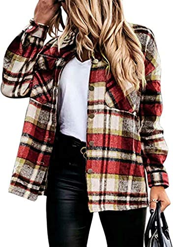 OMZIN Frauen Shacket Bluse Jacke Buttons Oversized Langarm Jacke Kurz Shirt Bluse Bluse Shirt Casual Plaid Jacke Boyfriend Rot XL von OMZIN