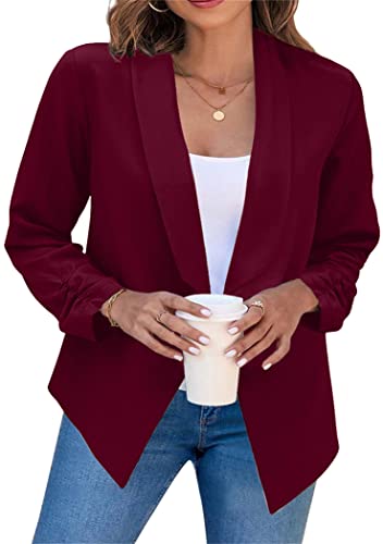 OMZIN Damen Keine Knöpfe Blazer Offene Vorderseite Strickjacke Blazer Jacken Cropped Langarm Tops Outwear Weinrot 4XL von OMZIN