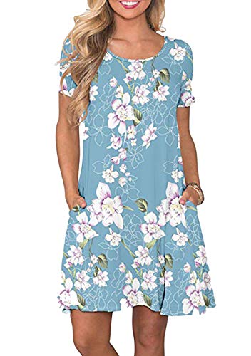 OMZIN Damen Kleid A-Linie Baumwolle Strandkleid Rundhals Shirtkleid Casual Kleider Hellblaue Lilie 4XL von OMZIN