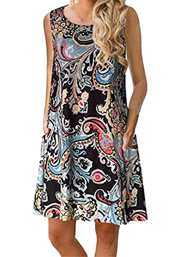 OMZIN Damen Kleid A-Linie Bequem mit Tasche Minikleid Shirtkleid Sommerkleid Tunika Rundhals Atmungsaktiv Baumwolle Schwarzer Spray L von OMZIN