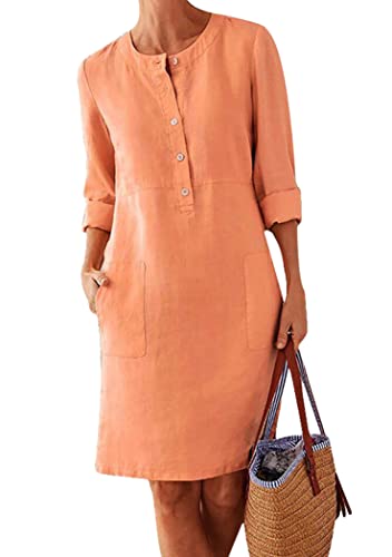 OMZIN Damen Leinen Tunika Kleid Baumwolle Sommer Lose Shirt Midi Kleider mit Taschen Orange M von OMZIN