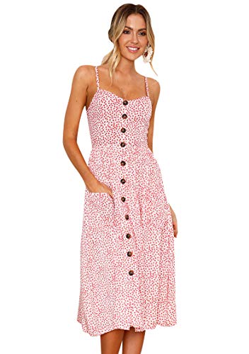 OMZIN Damen Sommerkleid Mit Taschen Vest Kleid Knopf Kleid Floral Strappy Casual Sundress Pink S von OMZIN