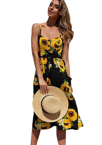 OMZIN Damen Kleid Blumenkleid A-Linie mit Knöpfen Schulterfrei Sommerkleid Sexykleid Größe Sommerkleid Schwarz S von OMZIN