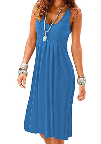 OMZIN Damen Strandkleider A Line Plissee Kleid Sommerkleider Tank Kleid Rundhalsausschnitt Sommerkleid Blau L von OMZIN