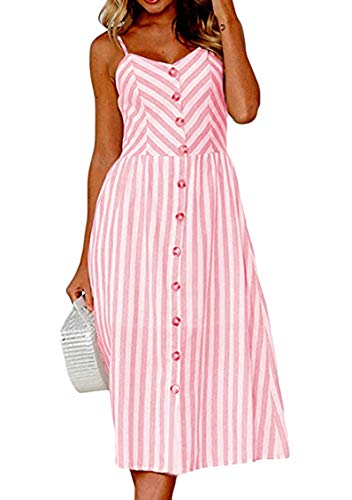 OMZIN Damen Casual Sundress Buttons Floral Sommerkleid V-Ausschnitt ärmelloses Sommer-Sonnenkleid Pink S von OMZIN