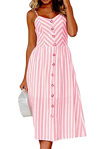 OMZIN Damen Kleid Elegant Blumenkleid A-Linie mit Knöpfen Schulterfrei Sommerkleid Sexykleid Große Größe Sommerkleid Rosa S von OMZIN