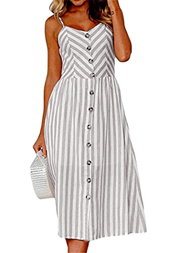 OMZIN Damen Kleid Elegant Schulterfrei Midikleid Tunikakleid T-Shirt Strandkleid mit Knöpfen Ärmellos Sommerkleid Strandkleid A-Linie Grau XXL von OMZIN