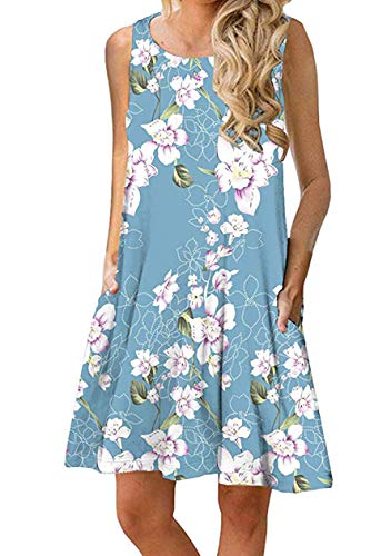 OMZIN Damen Vest Kleid Rundhalsausschnitt Mini Sommerkleid Floral Basic Tops Mit Taschen Loose Tank Blau Lily XS von OMZIN