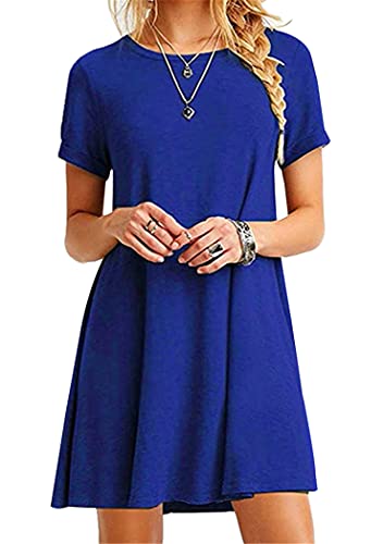 OMZIN Damen O Neck Solid Kurzarm Kleid Casual Loose T-Shirt Swing Kleid Blau 4XL von OMZIN