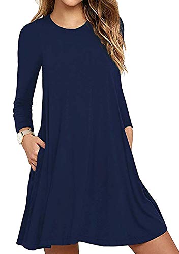 OMZIN Damen Kleid Langarm Kleid Elegantes Kleid Minikleid Casual Kurz Kleider Freizeitkleid Loose Tunika Kleid mit Taschen Herbst Winter Navy Blau XL von OMZIN