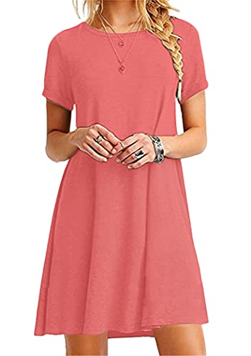 OMZIN Damen Kleid Lockeres Kleid Tunika Shirtkleid Kurzes Kleid Mini Sommerkleid Longshirt Plus Größe Koralle XXXXXL von OMZIN