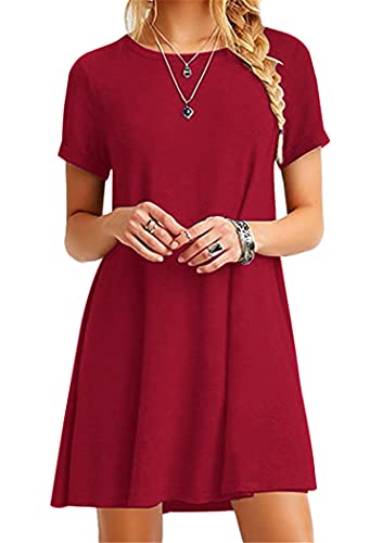 OMZIN Damen Floral Kleid Knielang T-Shirt Kurzarm Mini Kleid Casual Sommerkleider Rot Xs von OMZIN