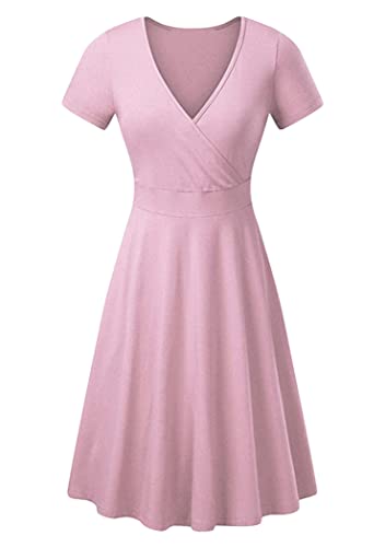 OMZIN Damen Kleid Print Kurzarm V-Ausschnitt 1950er Jahre Retro Vintage Cocktailparty Swing Kleider Pink L von OMZIN