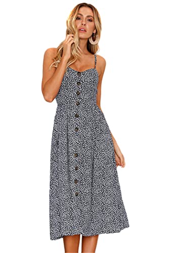 OMZIN Damen Kleid Rückenfrei Sommerkleid Knöpfen Knielang Blumenkleid Cocktailkleid A-Linie Schulterfrei Navy Blau XS von OMZIN