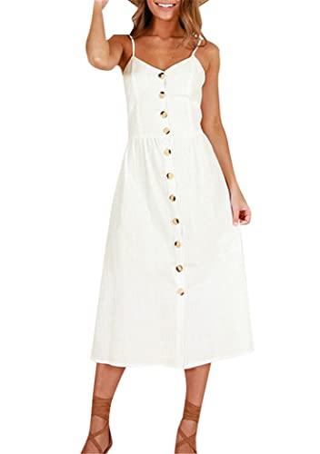 OMZIN Damen Lässig Sommer Weste Sundress Kurzes Kleid V-Ausschnitt Partykleid Übergröße Midi ärmellos Sundress Weiß M von OMZIN