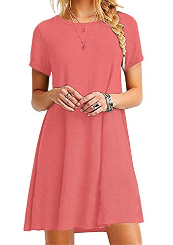 OMZIN Damen Basic Rundhalsausschnitt Kleid Casual Locker Kurzarm Kleider Koralle 4XL von OMZIN