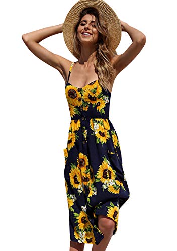 OMZIN Damen Ärmelloses Kleid Floral Strandkleid Sommer Ärmelloses Kleid A-Linie Party Sonnenkleid Marineblau L von OMZIN