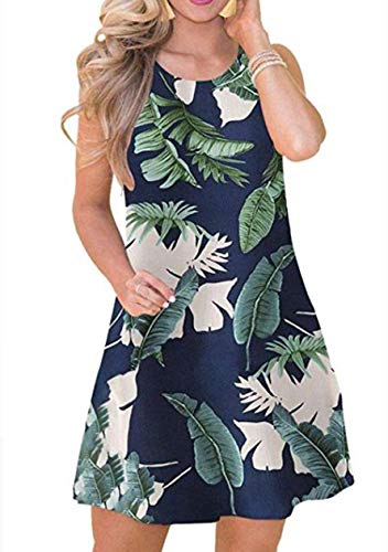 OMZIN Damen Kleid Weste Kleid Bequem Mit Tasche Shirt Kleid Atmungsaktiv Spitzes Sommerkleid Minikleid Partykleid T-Shirt Blue Leaves S von OMZIN