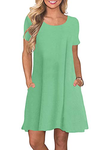 OMZIN Damen Kleider A-Linie Runhals Strand Kleid Kurzarm Swing Shirt Kleid Hellgrün M von OMZIN