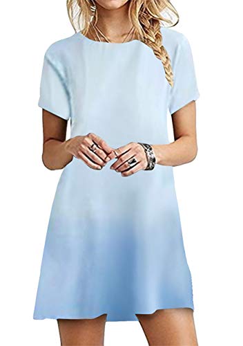 OMZIN Damen Kleider Basic Rundhals Casual Kleid Swing Weich Kleid Strandkleid Swingkleid Bequem Strandkleid Shirtkleid Tunika Minikleid Hellblau S von OMZIN