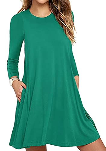 OMZIN Damen Kleider Einfarbig Bequeme Bluse Kleid Hemdkleid Rundhals Strandkleid Sommerkleid mit Tasche Grün XXL von OMZIN