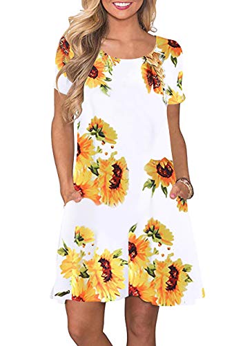 OMZIN Damen Kleider Swing mit Tasche Strandmode Shirtkleid Weich Casual Kleid Weiße Sonne XS von OMZIN