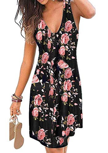 OMZIN Damen Kleidung V-Ausschnitt Alltags Sommer Kurzarm Kleid Mode Bedrucktes Kleid Schwarze Blumen 2XL von OMZIN