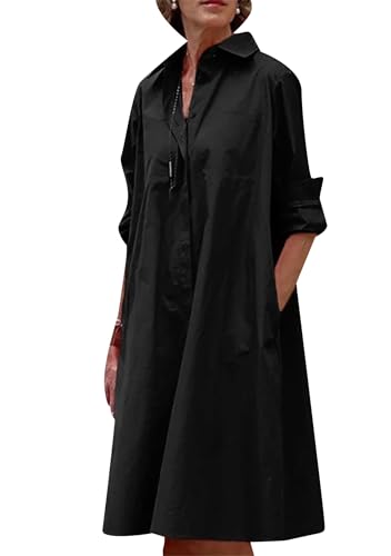 OMZIN Damen Knopf Sommer Bluse Kleid Midi Farbe Block Revers Roll Up Langarm Kleider Solid Schwarz M von OMZIN