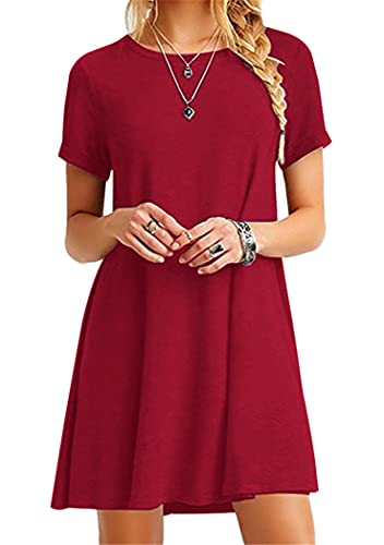 OMZIN Damen Kurzarm Kleid Sommerkleid Einfärbig Mini Tunikakleid Shirtkleid Basic Blusenkleid Rot L von OMZIN