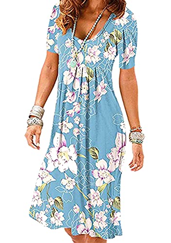 OMZIN Damen Kurzarm Plissee Loose Swing Freizeitkleid mit Taschen Knielanges Midikleid Blumenfrühlingskleid Blaue Lilie L von OMZIN