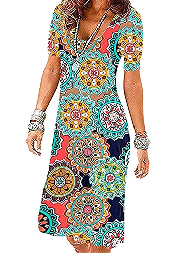 OMZIN Damen-Kurzarm-Rundhals-Swing-Kleid Lässiges Sommer-Partykleid Flowy Swing-Baumwollkleid Grüner Ring L von OMZIN