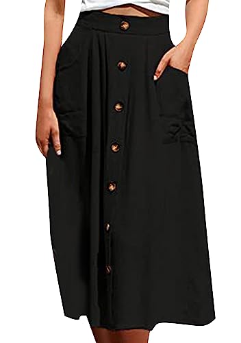OMZIN Damen Lässig Bedruckt Rock Mit Hoher Taille Mit Taschen Button down a Line Long Rock Schwarz XL von OMZIN