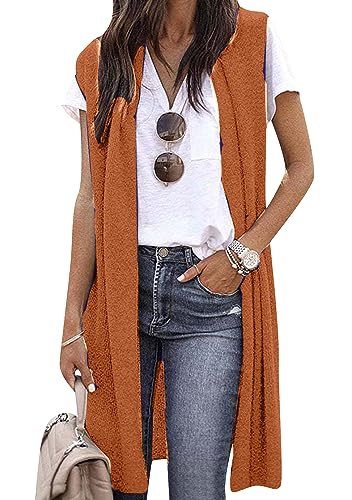 OMZIN Damen Lässig Lange Westen Ärmellos Drapiert Leicht Vorne Offen Fest Farbe Strickjacke Weste Mantel Orange M von OMZIN