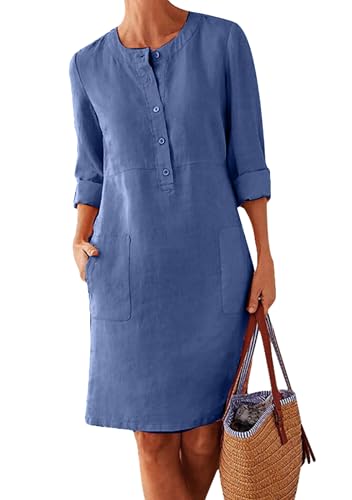 OMZIN Damen Lässiges Langes Kleid Aus Baumwolle Und Leinen Retro Stil Loses Langes Kleid Königsblau S von OMZIN