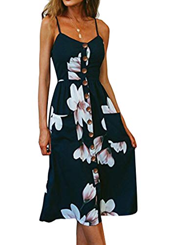 OMZIN Damen Lässiges Sonnenkleid Mit Taschen Kurzes Kleid Sommerkleid V-Ausschnitt Mit Taschen Sommer-Sonnenkleid Marineblau S von OMZIN